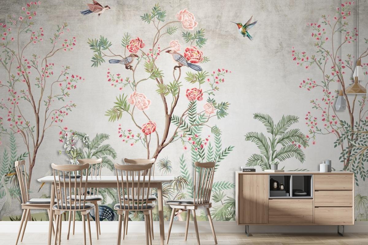 Tropikal Çiçek Desenli Duvar Kağıdı